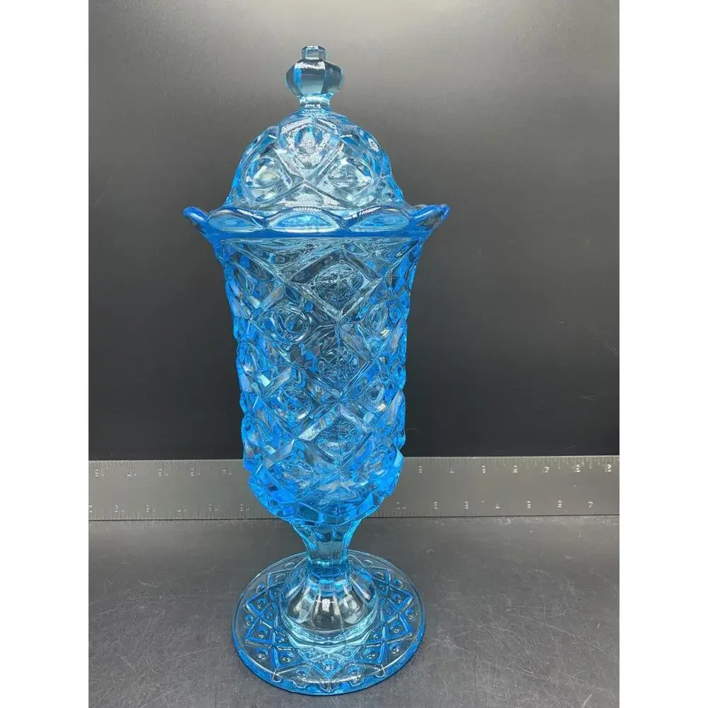 Vintage Blue Glass Candy Covered Lid Dish Vase Pedestal - Picture 1 of 11